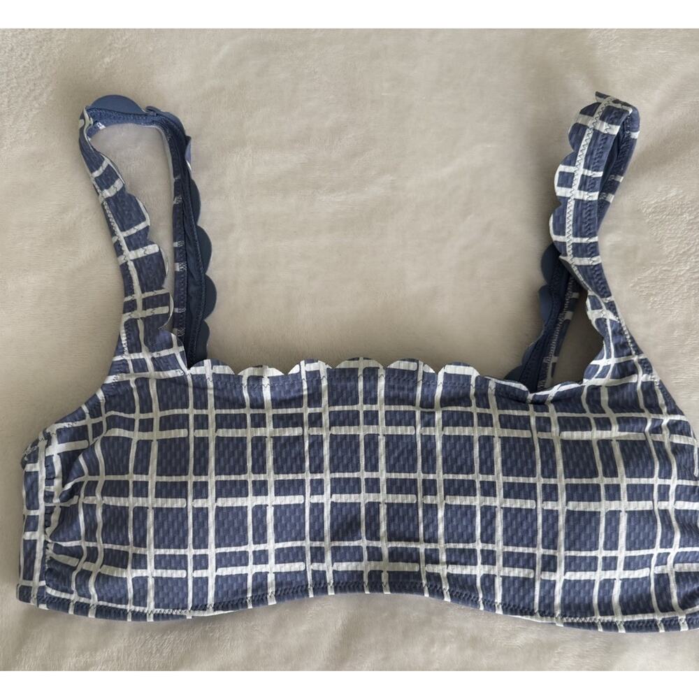 Aerie Scalloped Edge Bikini Top Full Coverage Blue White Wide Plaid Size XL